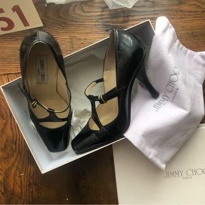 Jimmy Choo Mary Jane Heel in Black Crushed Patent Leather